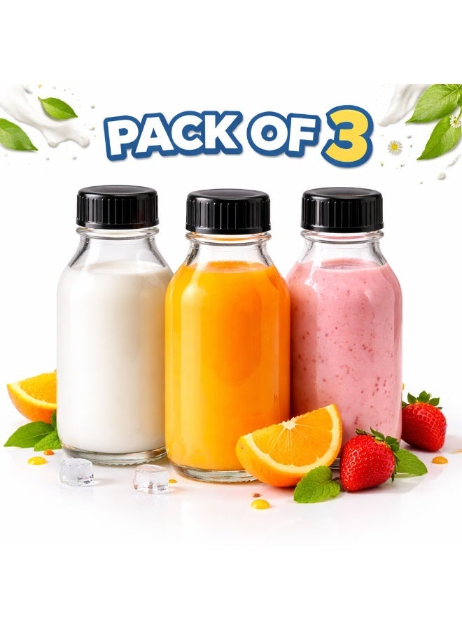 Luxoraq 150ml Glass Milk Bottles with Black Plastic Lids, Leak-Proof Round Jars for Spices, Condiments, Oils, DIY Beauty & Kitchen Storage, Travel & Pantry Organization (Pack of 3) - Image 2